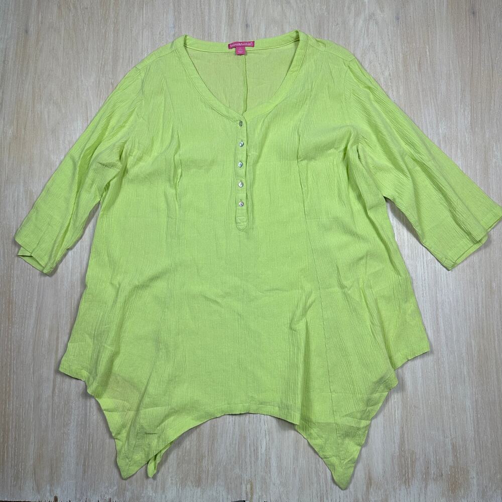 Women Within Lime Green Hankerchief Hem V-Neck Henley Weekend Wear Tunic Plus 1X